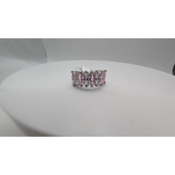 Silver Tone Ring with Pink Gemstones, Size 6 - Picture 2 of 8